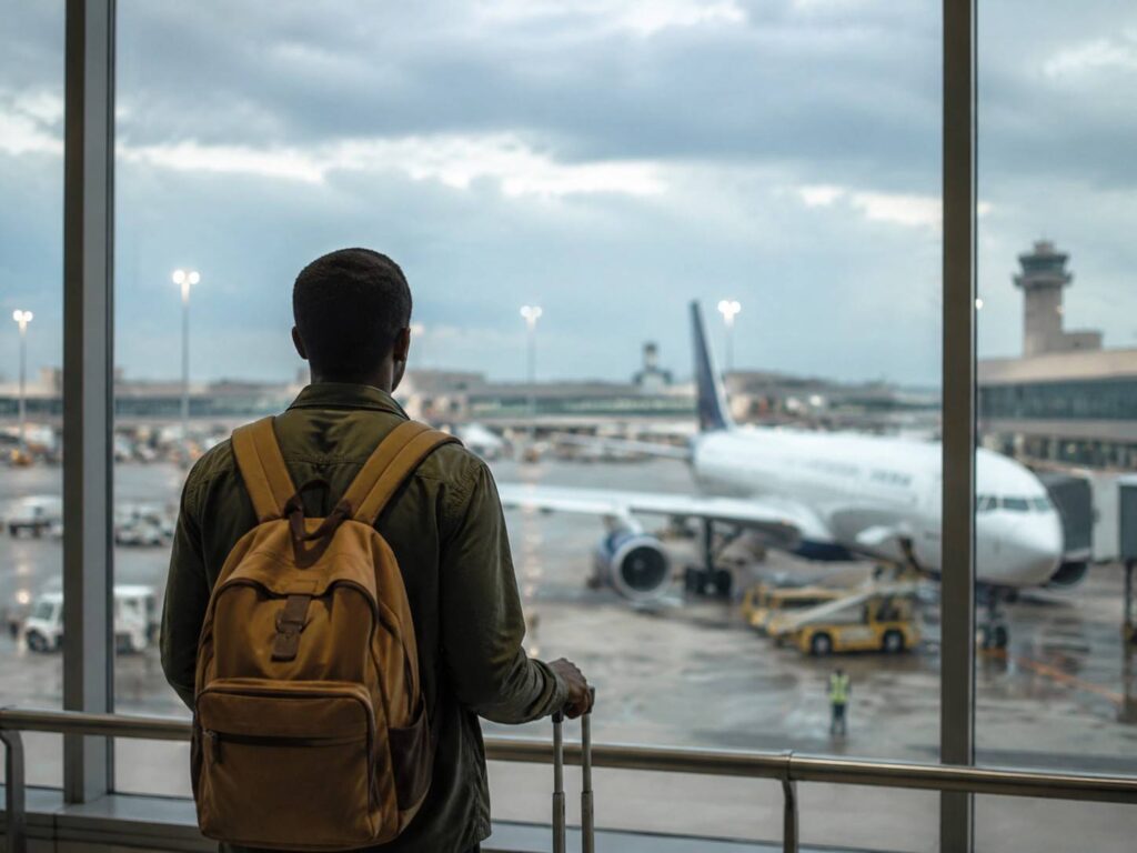Traveler with a tan backpack standing at a large window, watching a plane at the gate outside the terminal window.