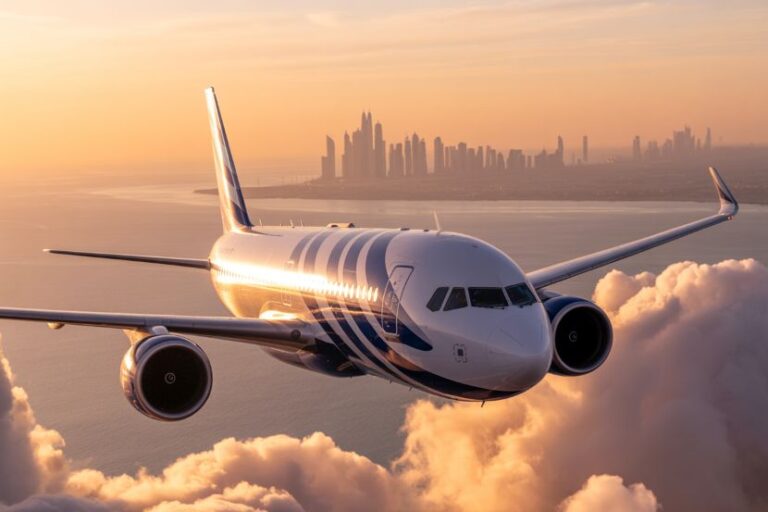 Airliner flying above clouds at sunset with a distant city skyline on the horizon in warm light.
