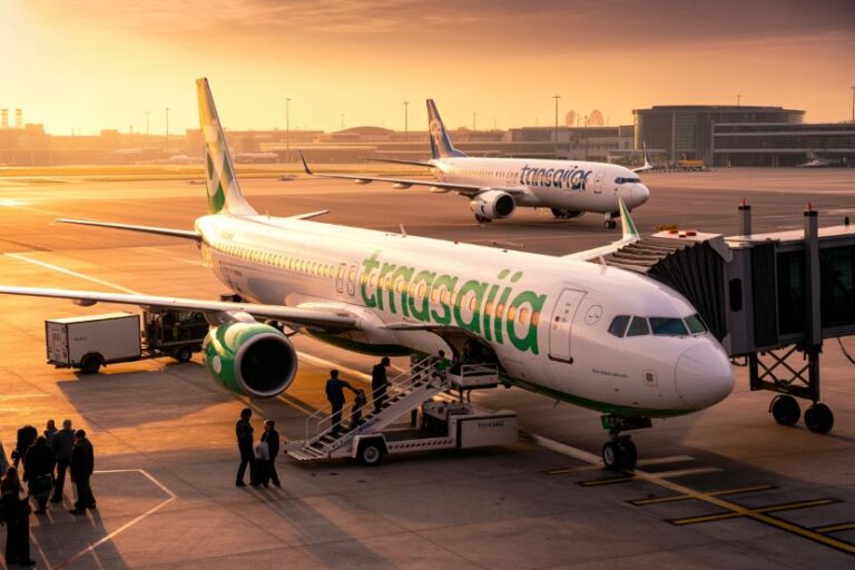 Sunset at an airport with a Transavia airplane parked at a jet bridge and passengers boarding nearby.