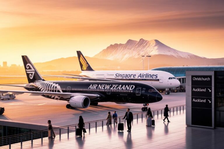 Air New Zealand and Singapore Airlines planes on a sunset-lit airport tarmac with travelers walking by and a mountain backdrop.