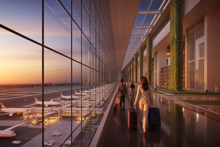 Business travelers with rolling suitcases walk down a glass-walled airport terminal at sunset.