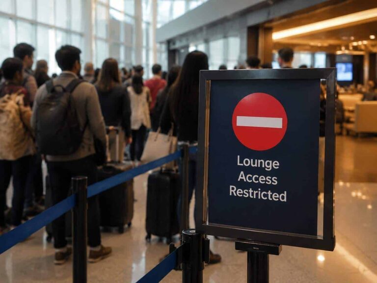 Lounge Access Restricted sign with a red circle and white bar; travelers waiting in line in an airport background.