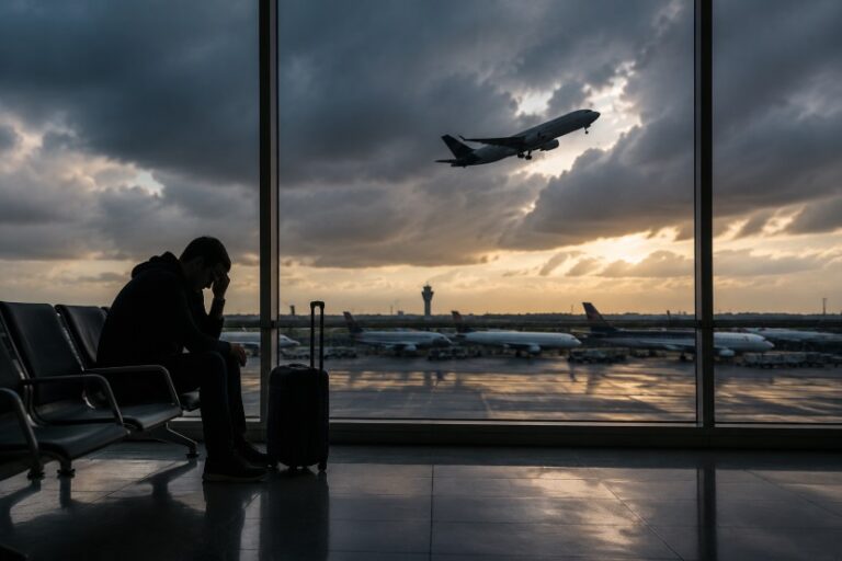 Silhouetted traveler sitting with a suitcase in an airport terminal as a plane takes off at sunset.