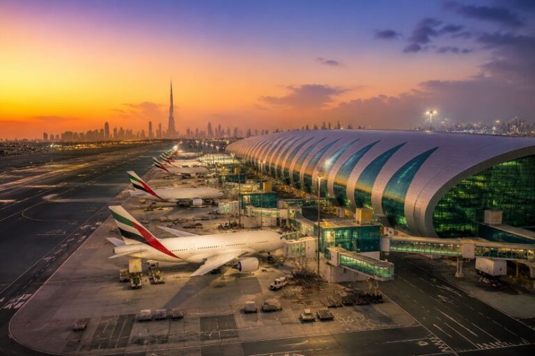 Aerial view of Dubai International Airport at sunset with planes at gates beside a curved glass terminal and the skyline in the distance.