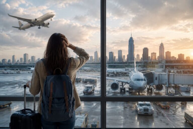 Traveler with a backpack standing at an airport gate, looking out at planes on the tarmac at sunset with a city skyline beyond