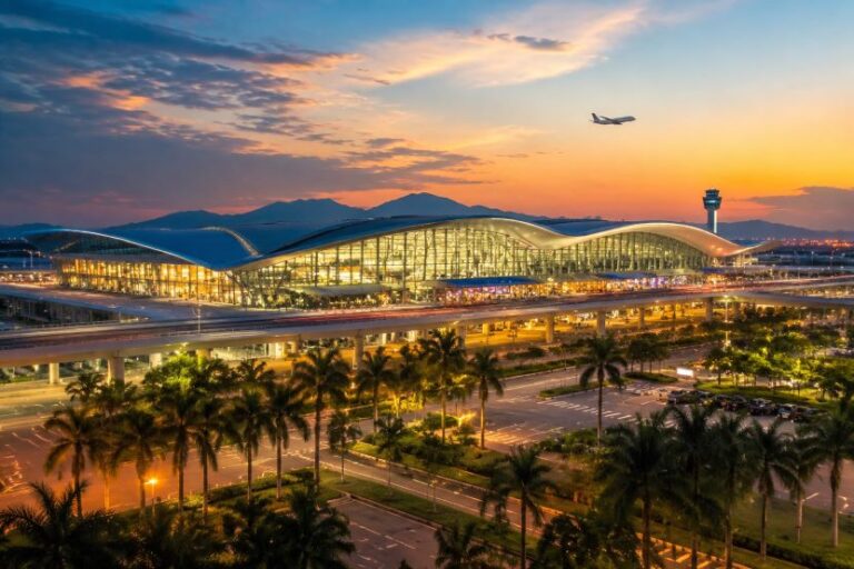 Sunset over a modern airport terminal with a curved glass roof, palm-lined roads, and a plane taking off in the distance.
