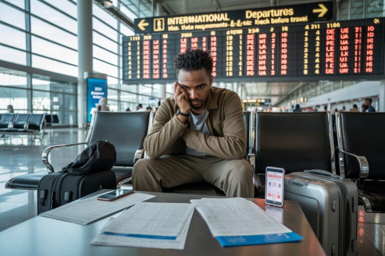 An anxious man sits at an airport gate with rolling luggage and documents laid out on the table nearby.