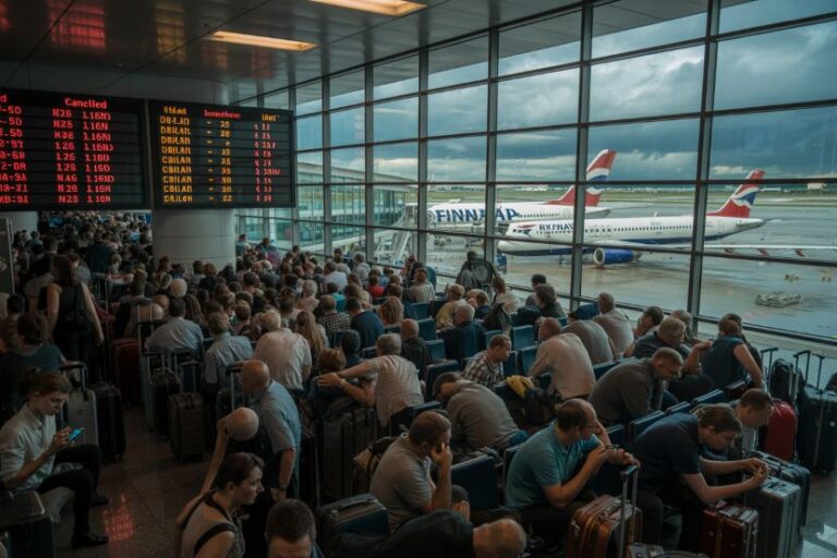 Crowded airport gate area with travelers seated and luggage, a flight information board on the left, and planes outside the windows.