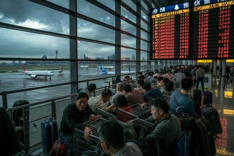 Crowded airport departure hall with passengers seated, luggage carts, and a large electronic flight board nearby outside-view of planes on tarmac.
