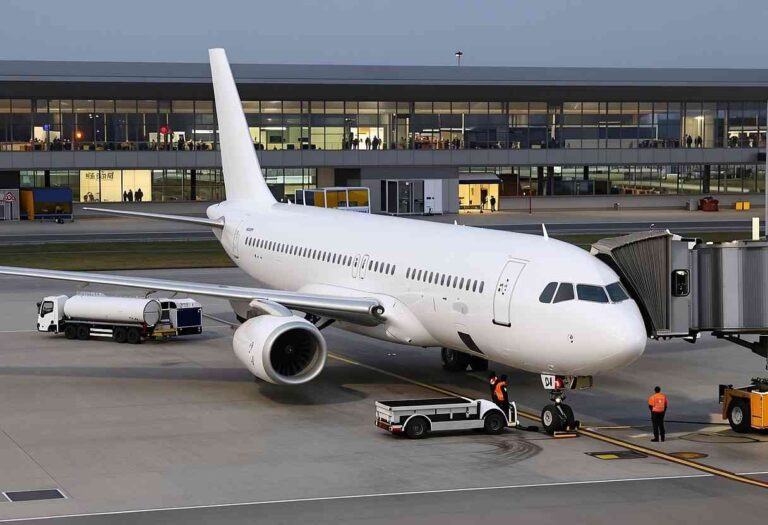 White passenger airplane at gate with jet bridge connected and ground crew loading luggage/offloading at the aircraft door.