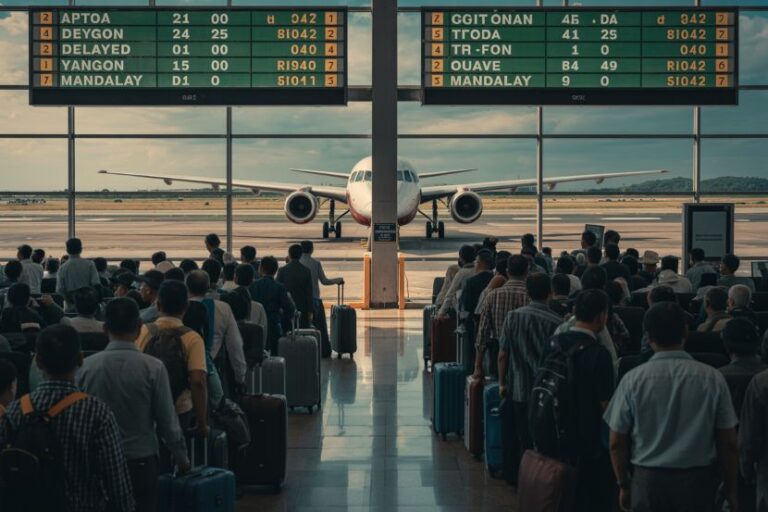 Crowded airport terminal with passengers waiting at gates as a commercial airplane sits on the tarmac beyond the windows, with flight information boards overhead.