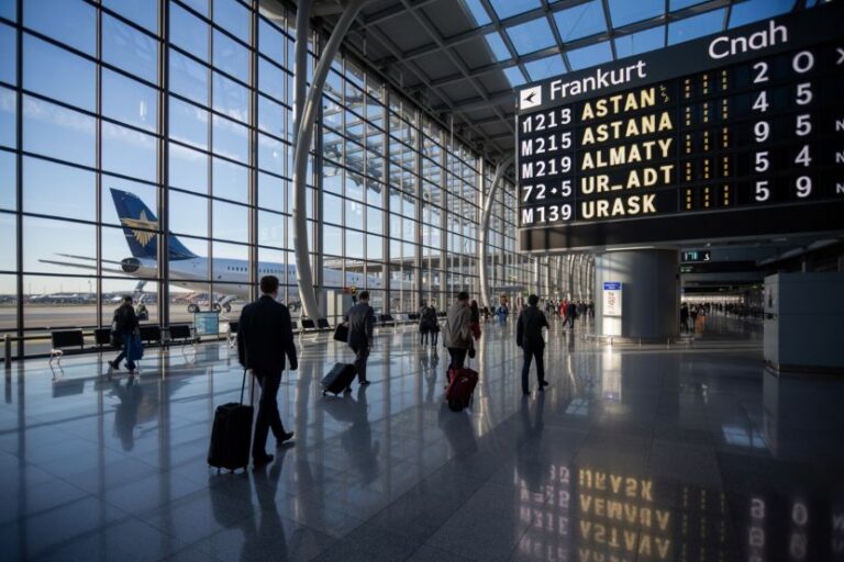 Travelers with rolling suitcases walk through a bright, glass-walled airport terminal with a large electronic departures board above them.