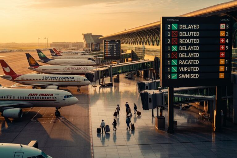 Sunset airport scene with parked jets at gates, travelers with luggage walking on a reflective concourse beside a large flight status board showing delays and delays/reroutes messages.