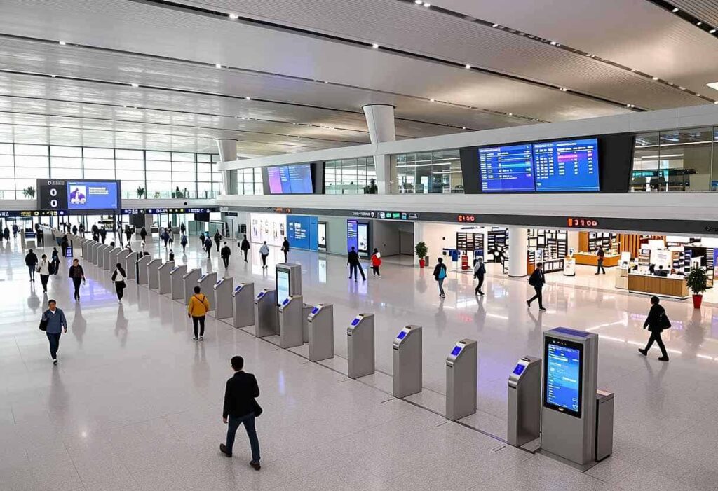 Busy airport concourse with self-service gates in a row and large electronic flight information boards overhead.