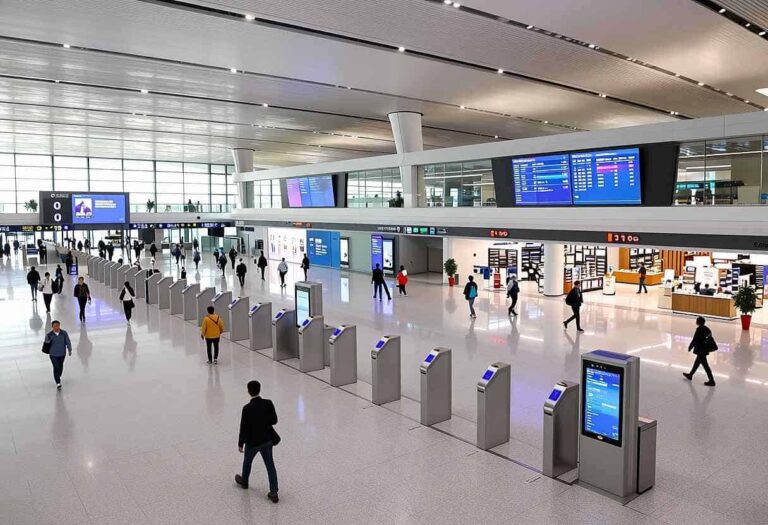 Busy airport concourse with self-service gates in a row and large electronic flight information boards overhead.