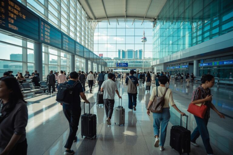 Busy airport terminal with passengers walking and pulling wheeled luggage, glass walls and blue signage overhead.