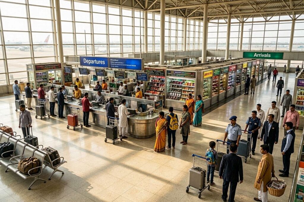 Travelers line up at check-in counters under a Departures sign in a bright airport terminal with suitcases nearby