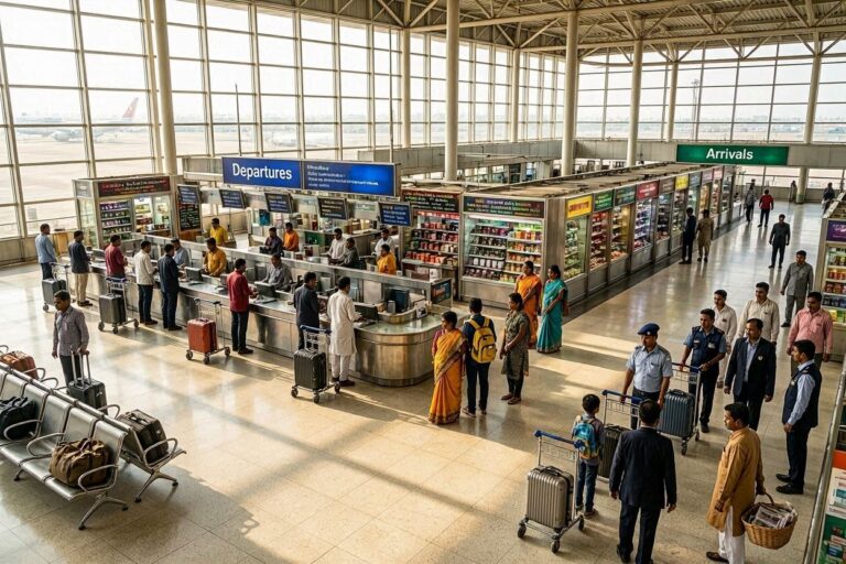 Travelers line up at check-in counters under a Departures sign in a bright airport terminal with suitcases nearby