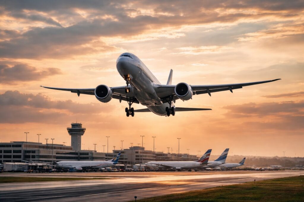 Large commercial jet lifting off/landing at sunset over an airport, with terminal buildings and parked planes in the background.
