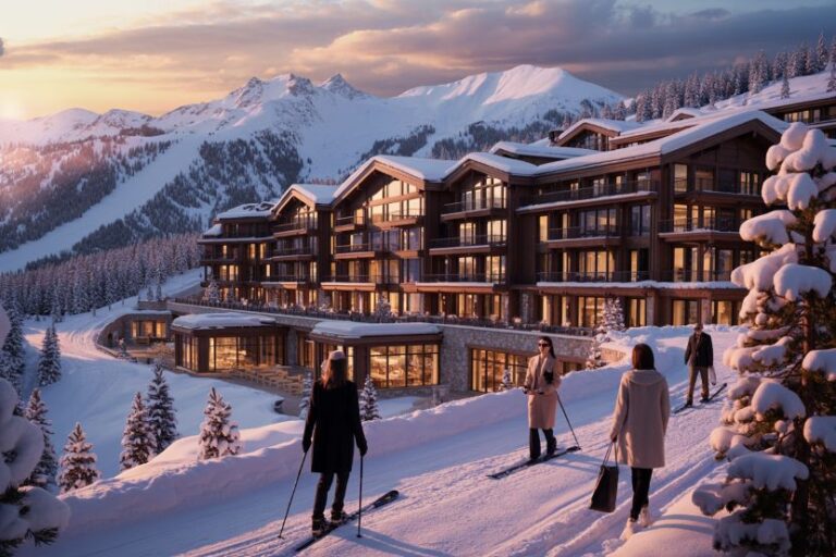 Ski resort building in snowy mountains at sunset with skiers on a slope in the foreground.