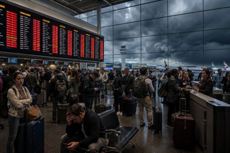 Crowded airport terminal with a large red-lit departure board, travelers with luggage waiting and checking in.