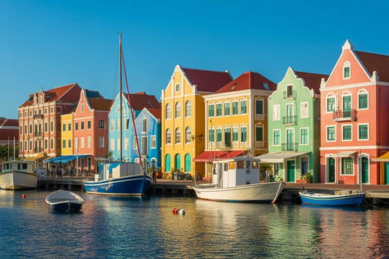 Row of colorful houses along a harbor with moored sailboats and calm water.