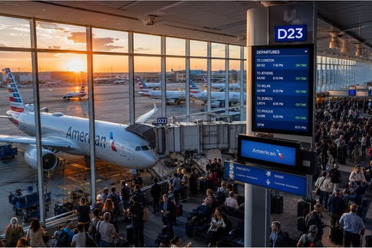 Busy airport gate D23 with an American Airlines jet at the jet bridge, sunset light pouring in, and crowds waiting by the concourses.