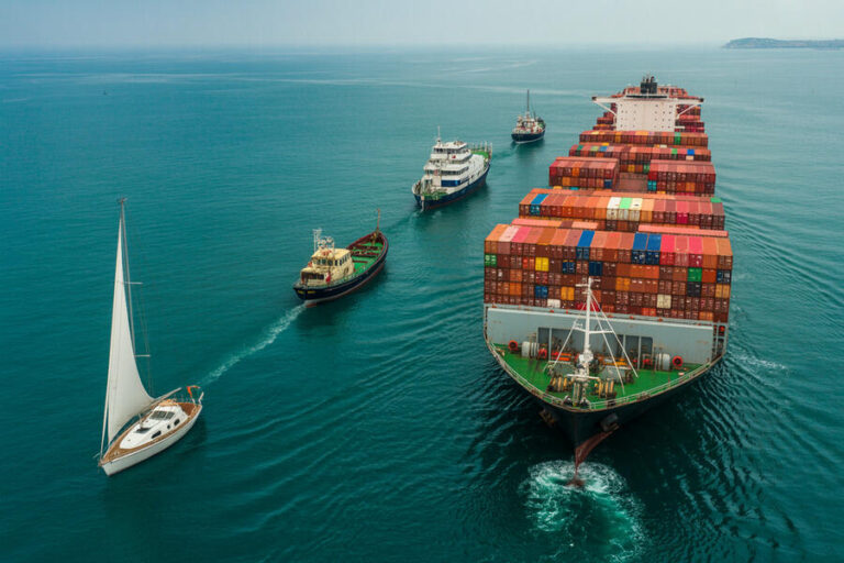 Large container ship sailing in blue sea, stacked with colorful cargo containers; several smaller boats nearby.