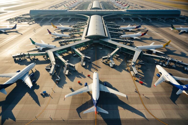 Aerial view of a large international airport with several airplanes docked at jet bridges around a central terminal building.