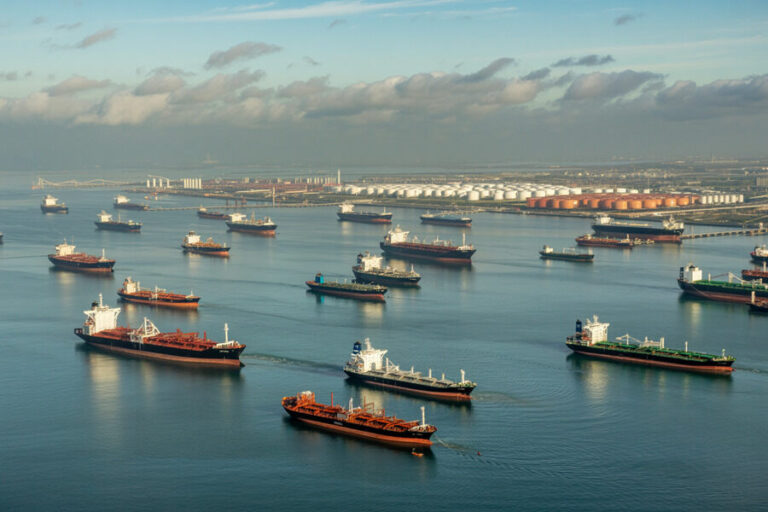 Aerial view of a busy harbor with numerous cargo ships scattered across calm blue water and a distant industrial shoreline.