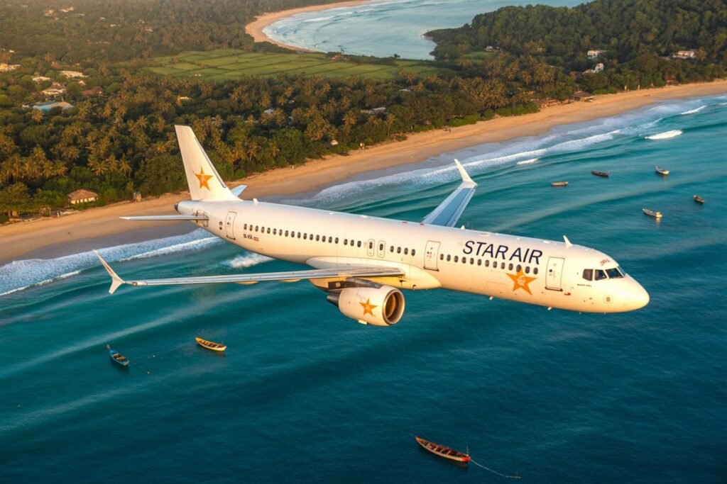 StarAir passenger jet flying low over turquoise sea along a sandy tropical coastline with small boats nearby and green forests inland.