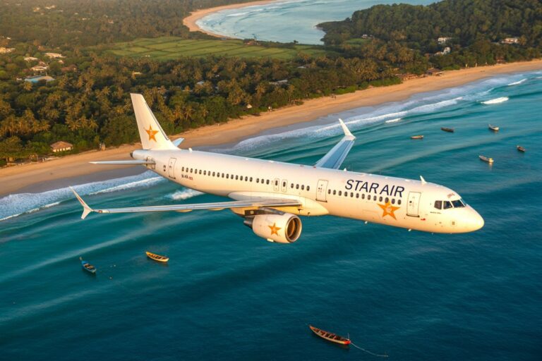 StarAir passenger jet flying low over turquoise sea along a sandy tropical coastline with small boats nearby and green forests inland.