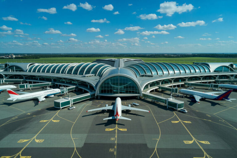 Wide aerial view of a modern airport terminal with curved glass roof and planes docked at gates on a sunny day