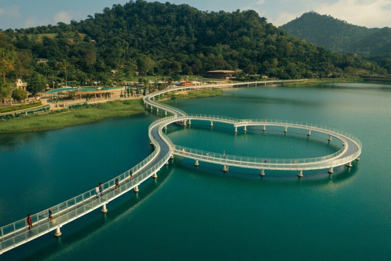 Aerial view of a long white, spiraling pedestrian boardwalk over a turquoise lake, with walkers and green hills in the background.