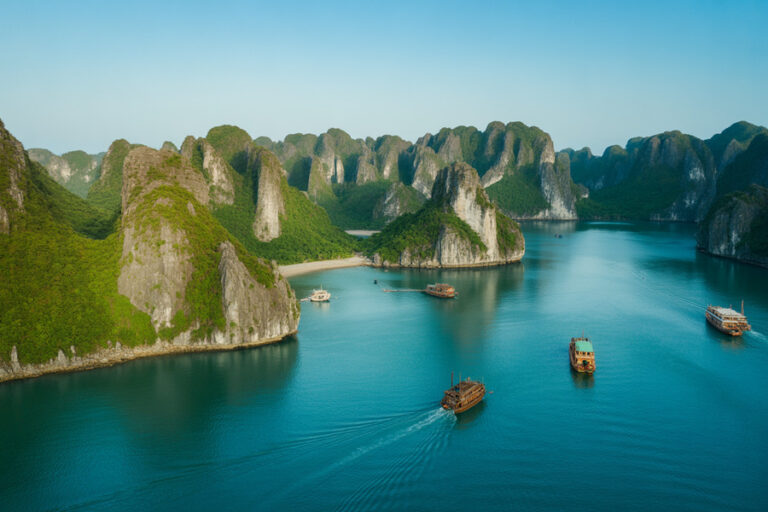 Turquoise bay with towering limestone islands and several boats cruising between them.