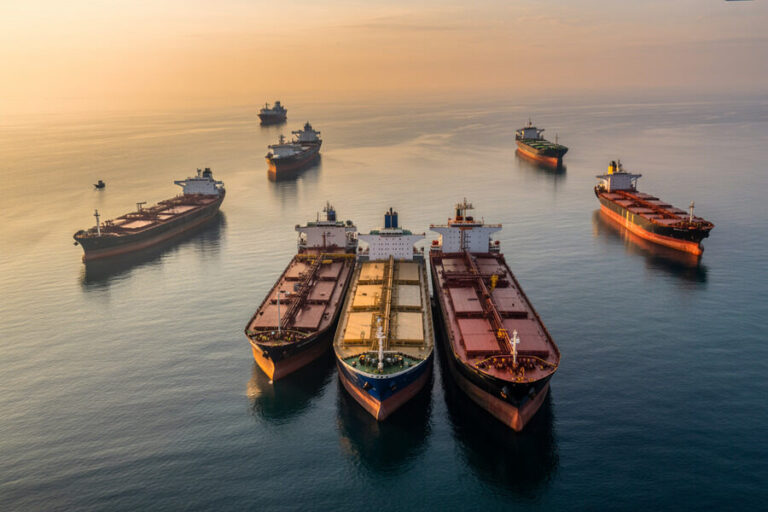 Group of large cargo ships anchored in calm sea at sunset, reflecting warm orange light on the water from above.
