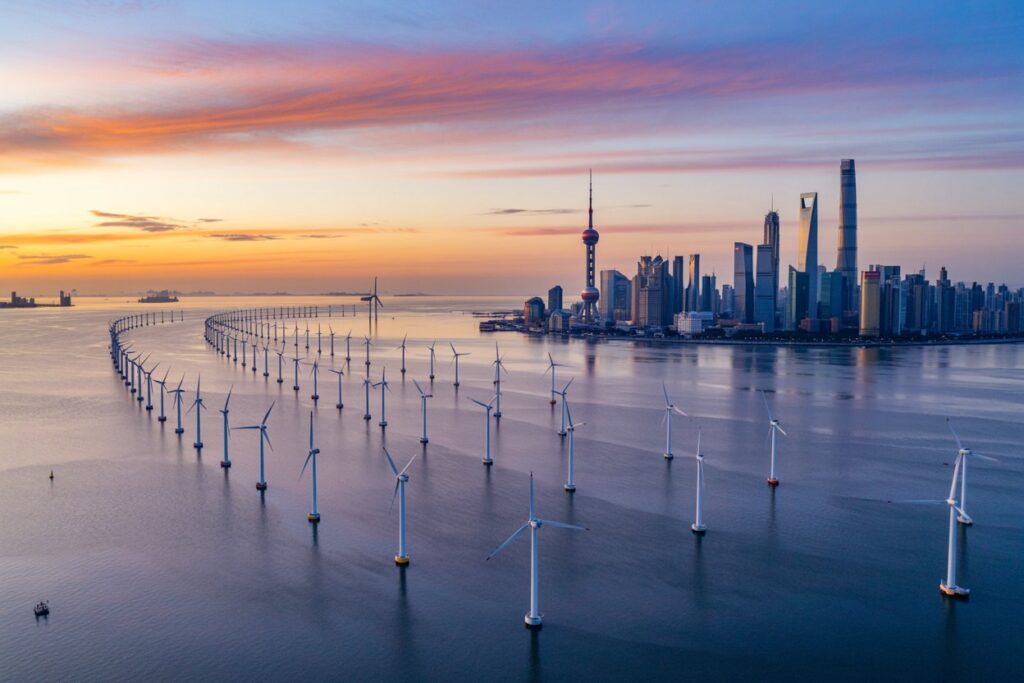 Offshore wind farm with rows of turbines extending toward Shanghai's skyline at sunset.