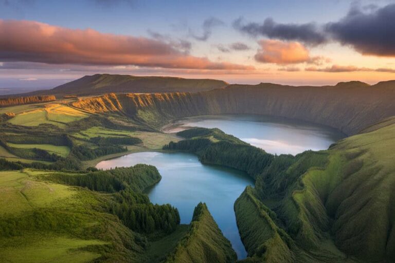 Circular crater lake with emerald green cliffs and a winding inlet, at sunset sky.