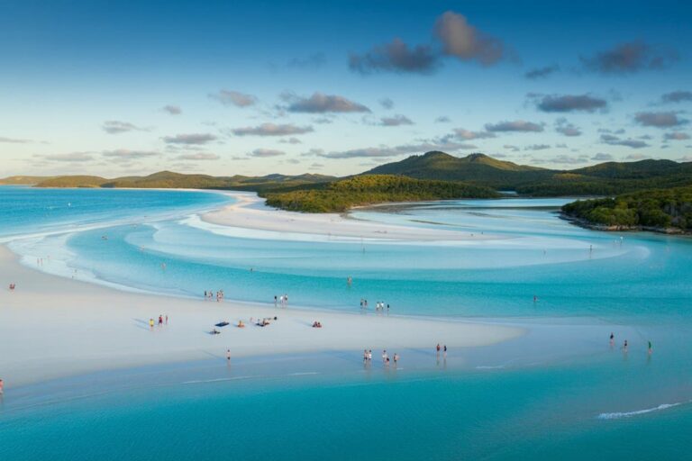 White-sand beach with turquoise lagoons and a forested peninsula; people stroll and sunbathe along the shore.