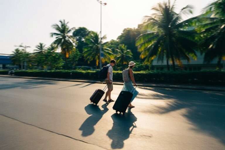 Two travelers with rolling suitcases walk along a sunlit palm-lined street, backpacks on their backs.