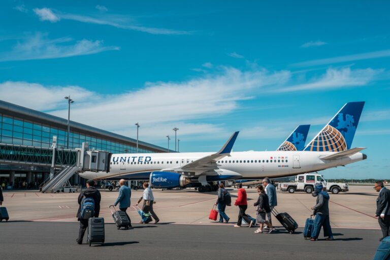 Passengers with rolling suitcases walk past a United Airlines jet at the gate on a sunny day.