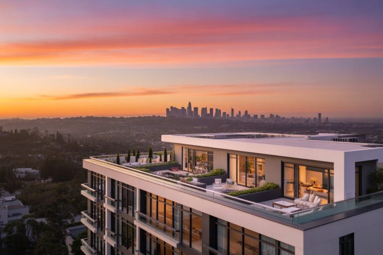Modern rooftop terrace of a white apartment building at sunset, with a distant city skyline.",
