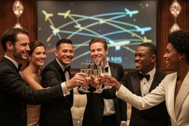 Group of six well-dressed friends toasting champagne glasses at a formal celebration. Best for a celebratory event or gala description.