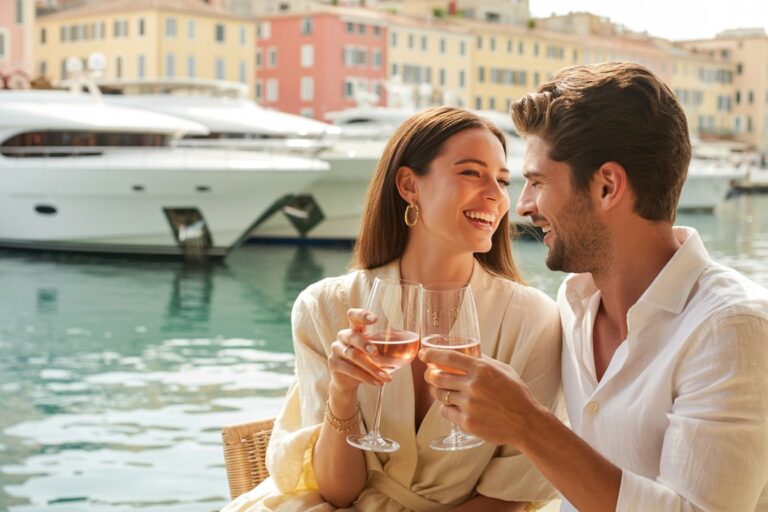 Couple toasting with wine glasses by a marina, yachts in the background and pastel buildings nearby.