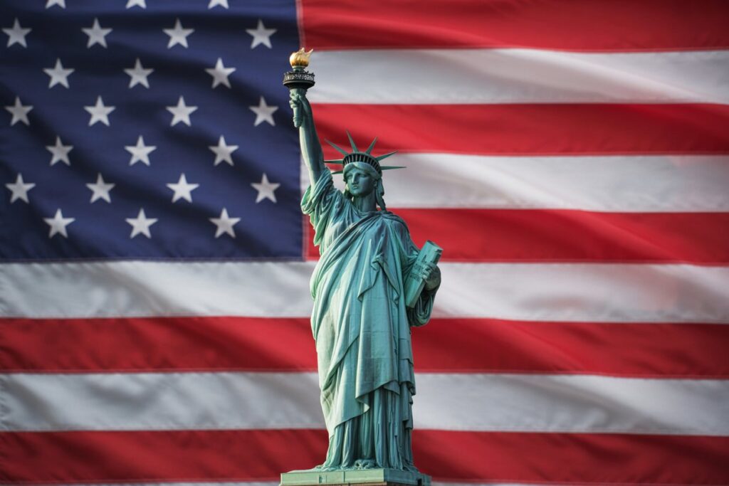 Statue of Liberty in turquoise-green in front of a large waving United States flag backdrop, symbolizing patriotism.