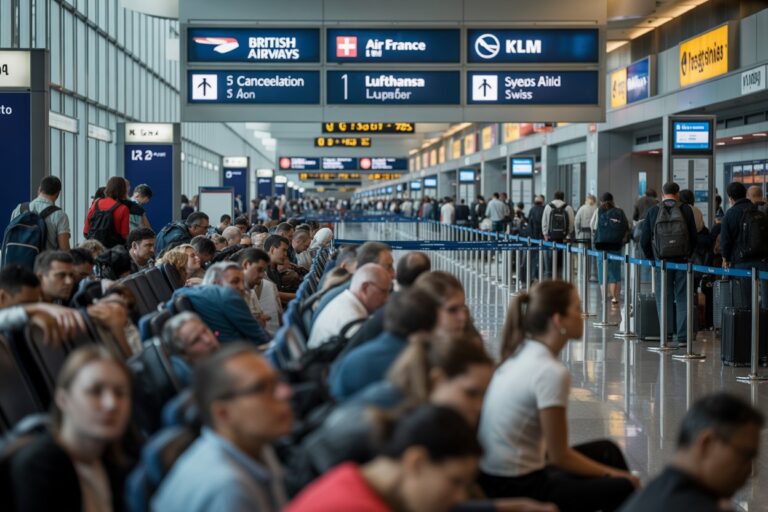 Crowded airport terminal with passengers seated in rows and others queuing at gates beneath digital flight-sign panels showing airlines like British Airways and Air France.
