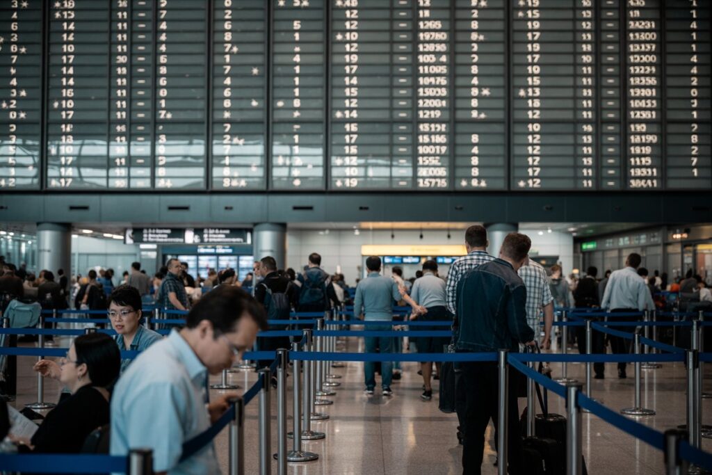 Busy airport check-in area with passengers queuing behind blue stanchions under a large flight information board above.