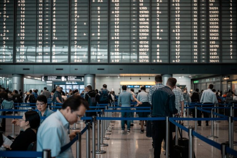 Busy airport check-in area with passengers queuing behind blue stanchions under a large flight information board above.