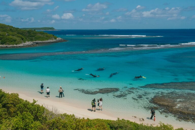 White-sand beach with bright turquoise water, a few groups of people walking along the shore and snorkelers in the shallow bay.