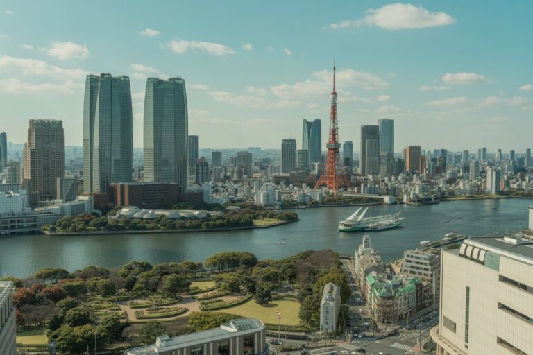 City skyline with Tokyo Tower by a river, modern high rises, and a green park in the foreground.